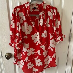 Ann Taylor Factory Orange and White Floral Graphic Blouse with Cuffed Sleeves